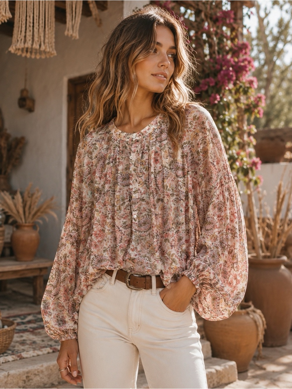 Vici Floral Peasant Blouse in Blush and Cream